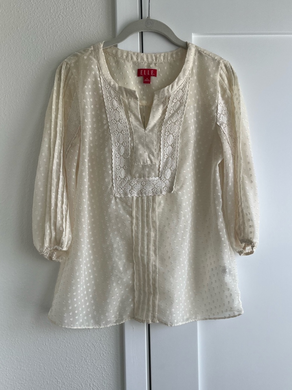 ELLE Cream Swiss Dot Lace Yoke Peasant Top